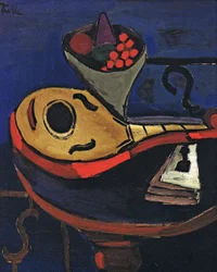  Mandoline und Schale mit Fruchten